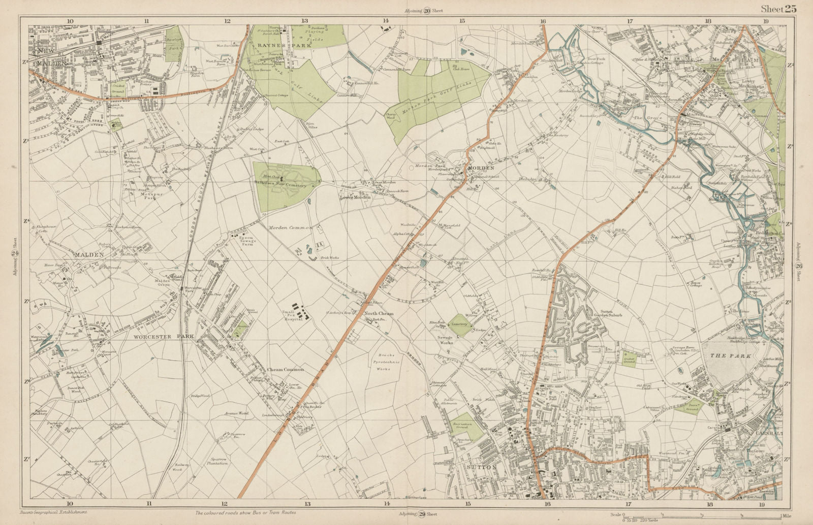SUTTON Carshalton Morden New Malden Worcester Pk Mitcham Cheam. BACON  1919 map